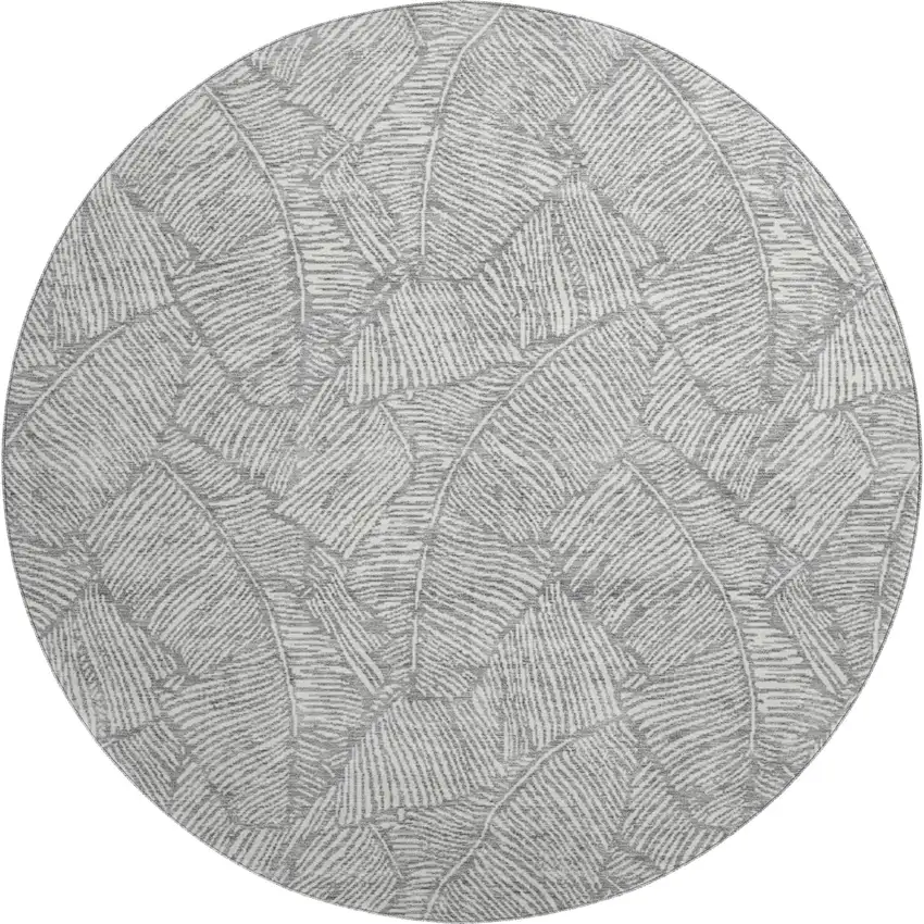 8' Gray And Ivory Floral Washable Round Rug With UV Protection Photo 1