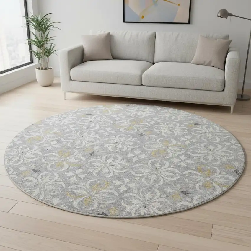 8' Gray And Ivory Floral Washable Round Rug With UV Protection Photo 2