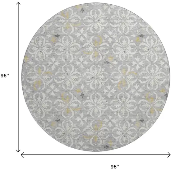 8' Gray And Ivory Floral Washable Round Rug With UV Protection Photo 9