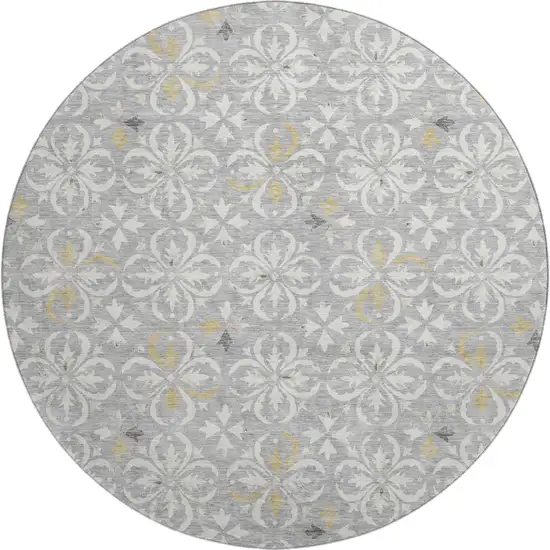 8' Gray And Ivory Floral Washable Round Rug With UV Protection Photo 1