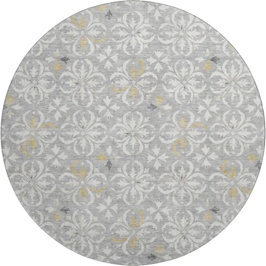 8' Gray And Ivory Floral Washable Round Rug With UV Protection Photo 1