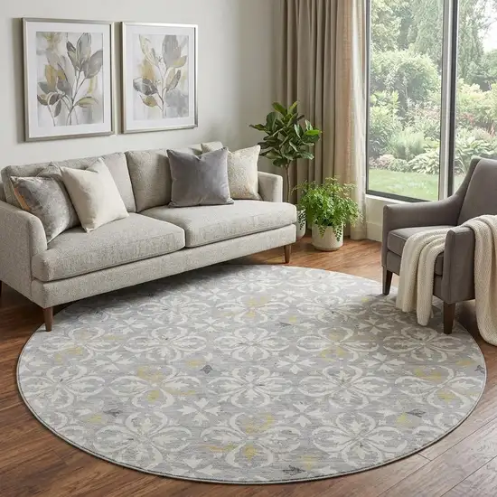 8' Gray And Ivory Floral Washable Round Rug With UV Protection Photo 1