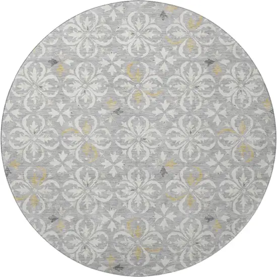 8' Gray And Ivory Floral Washable Round Rug With UV Protection Photo 3