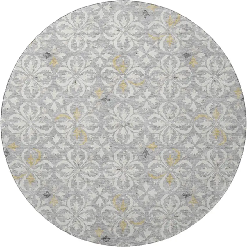8' Gray And Ivory Floral Washable Round Rug With UV Protection Photo 3