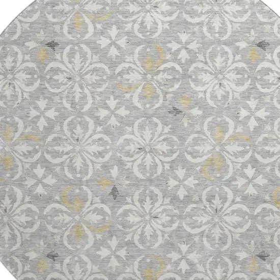 8' Gray And Ivory Floral Washable Round Rug With UV Protection Photo 2