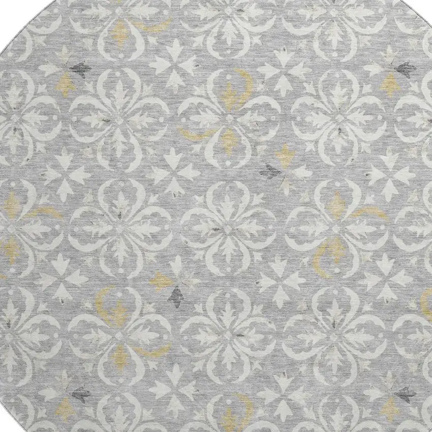 8' Gray And Ivory Floral Washable Round Rug With UV Protection Photo 2