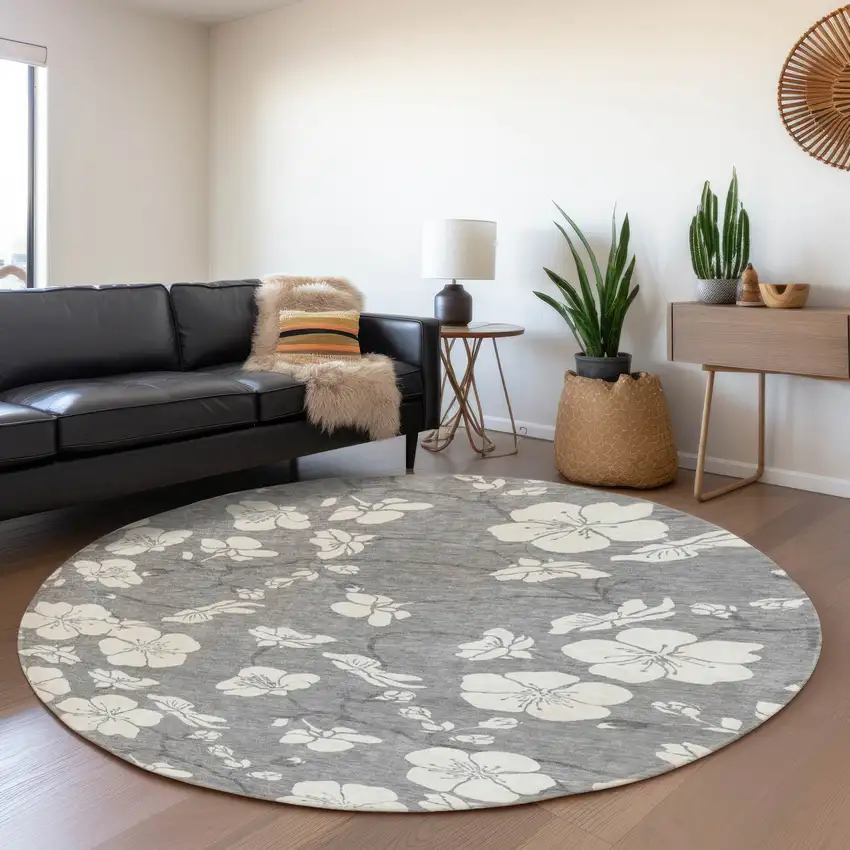 8' Gray And Ivory Floral Washable Round Rug With UV Protection Photo 3