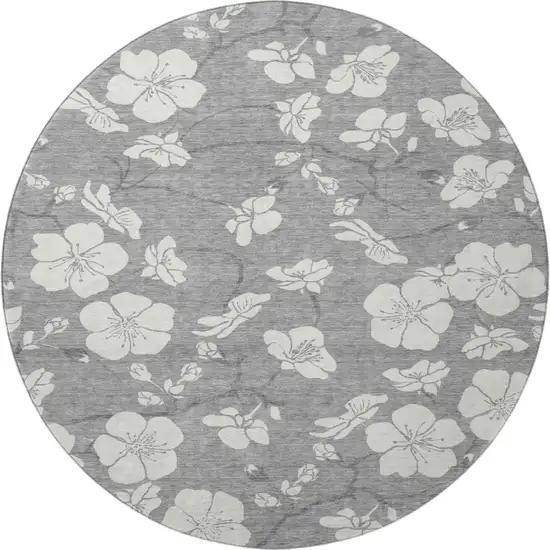 8' Gray And Ivory Floral Washable Round Rug With UV Protection Photo 2