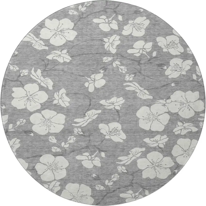 8' Gray And Ivory Floral Washable Round Rug With UV Protection Photo 2