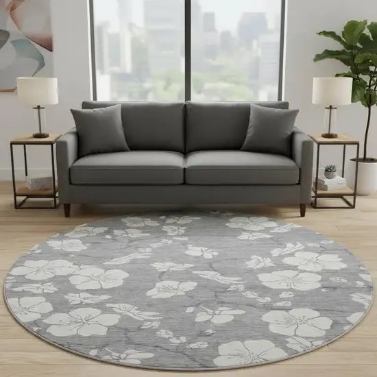 8' Gray And Ivory Floral Washable Round Rug With UV Protection Photo 2