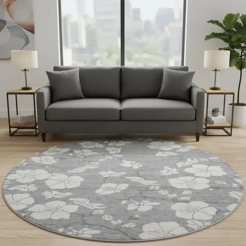 8' Gray And Ivory Floral Washable Round Rug With UV Protection Photo 2