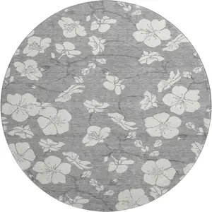 Photo of 8' Gray And Ivory Floral Washable Round Rug With UV Protection