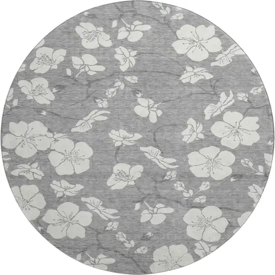 8' Gray And Ivory Floral Washable Round Rug With UV Protection Photo 1