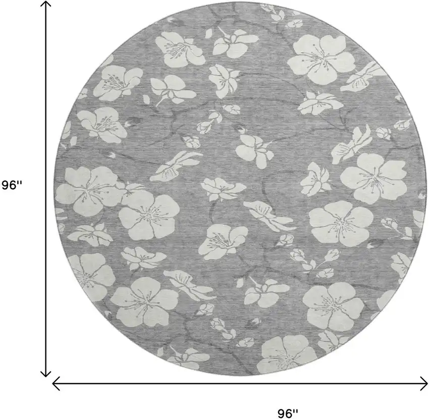 8' Gray And Ivory Floral Washable Round Rug With UV Protection Photo 8