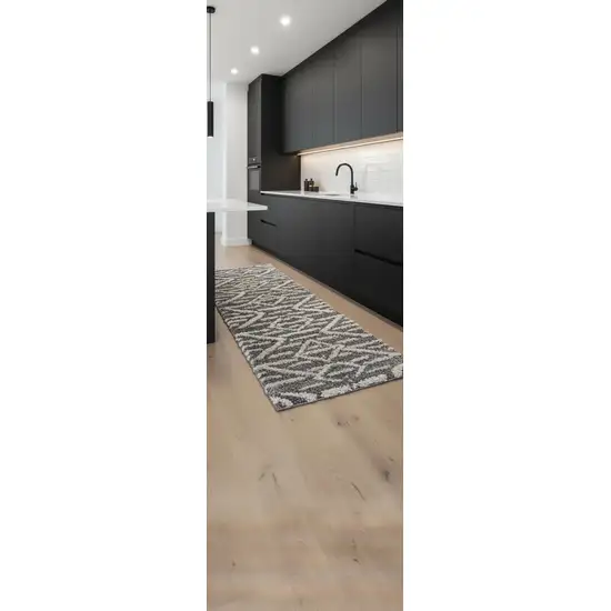 8' Gray And Ivory Geometric Power Loom Stain Resistant Runner Rug Photo 1