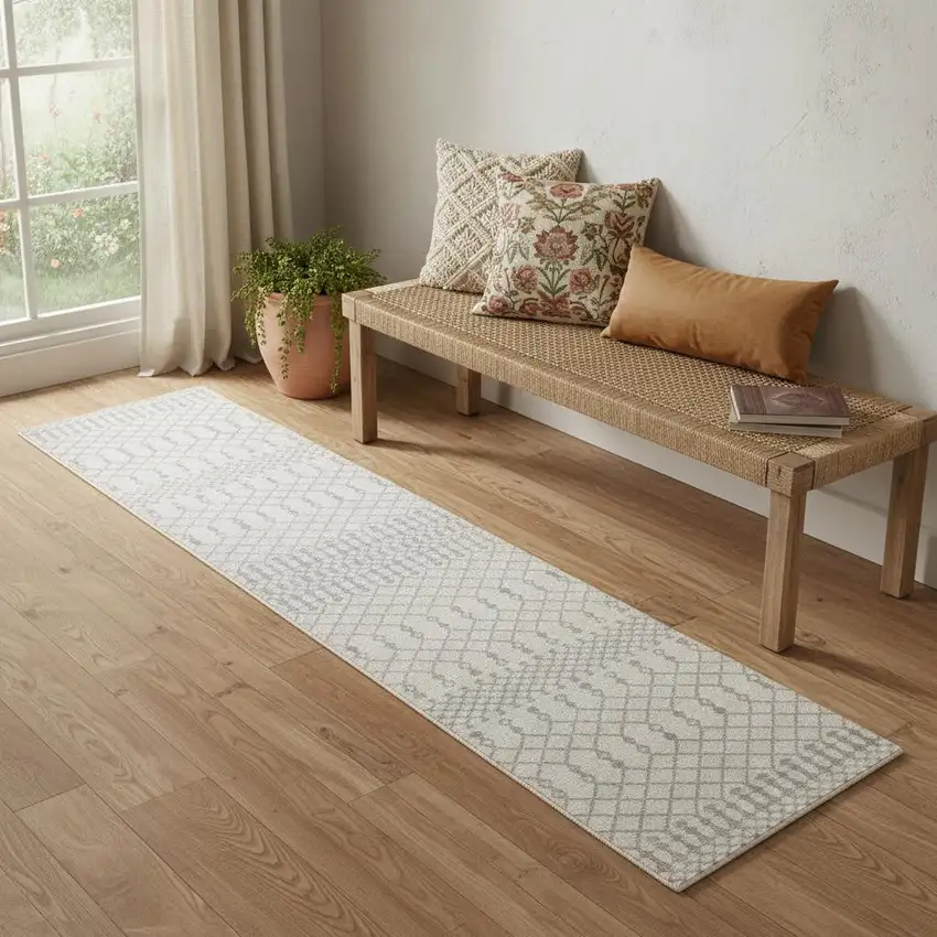 6' Gray And Ivory Geometric Runner Rug Photo 1