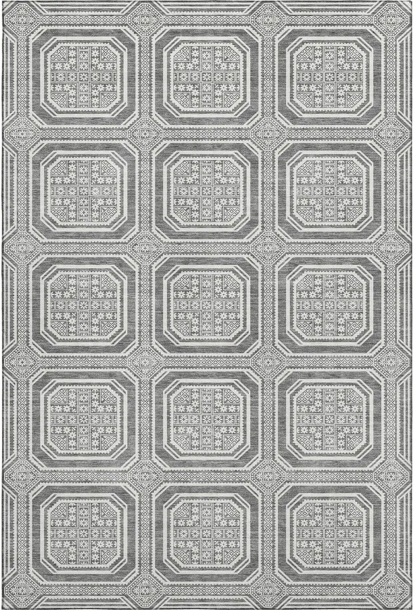 8' Gray And Ivory Geometric Washable Area Rug With UV Protection Photo 1