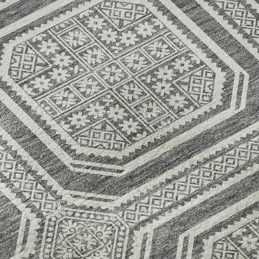 8' Gray And Ivory Geometric Washable Area Rug With UV Protection Photo 8