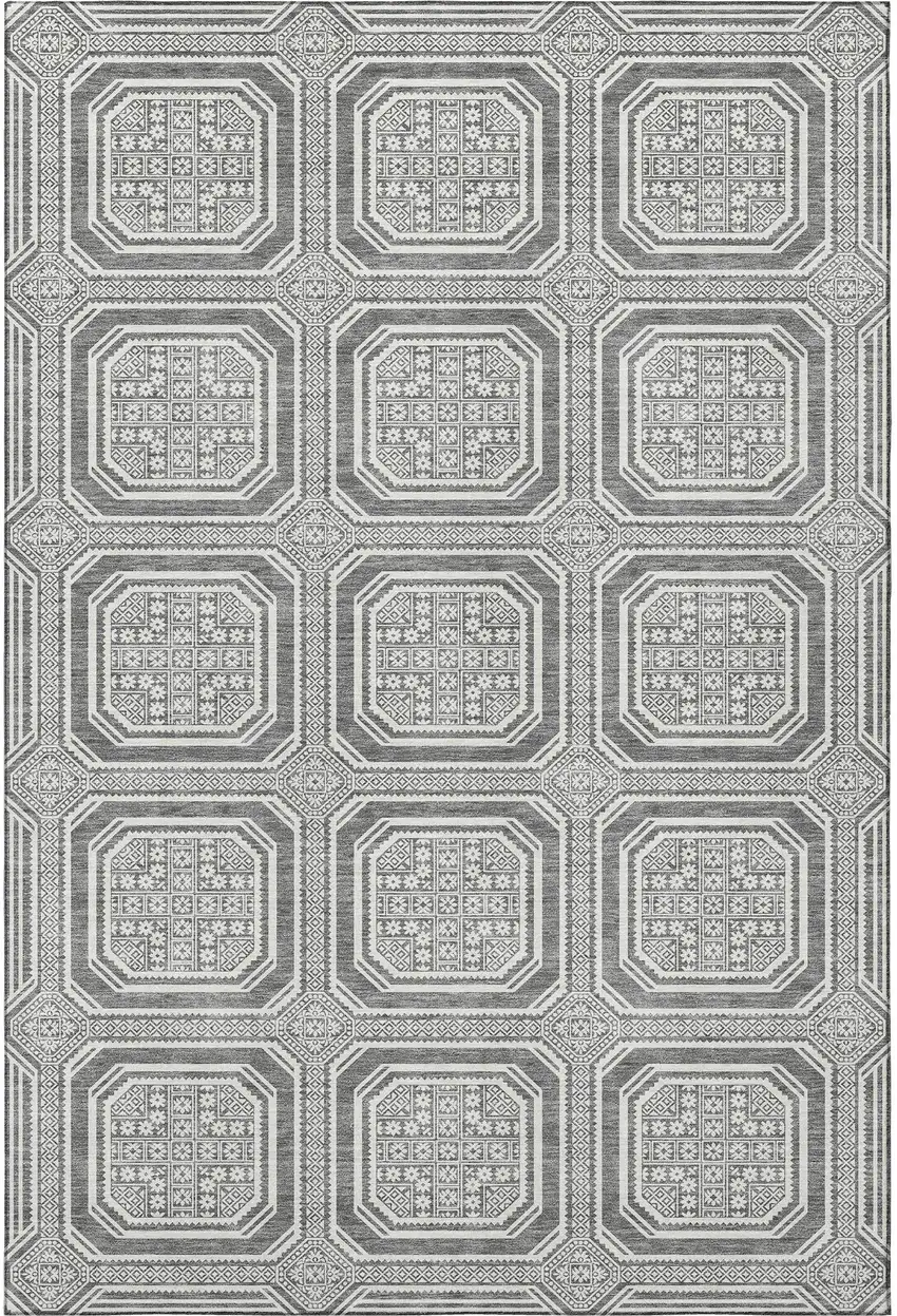 8' Gray And Ivory Geometric Washable Area Rug With UV Protection Photo 2