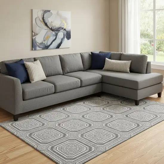 8' Gray And Ivory Geometric Washable Area Rug With UV Protection Photo 2