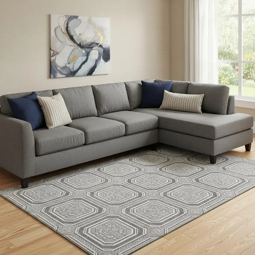 8' Gray And Ivory Geometric Washable Area Rug With UV Protection Photo 2