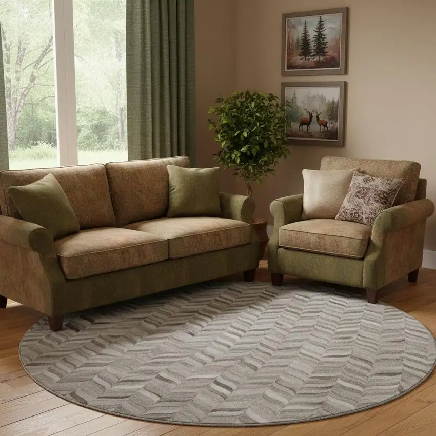 8' Gray And Ivory Geometric Washable Round Rug With UV Protection Photo 1