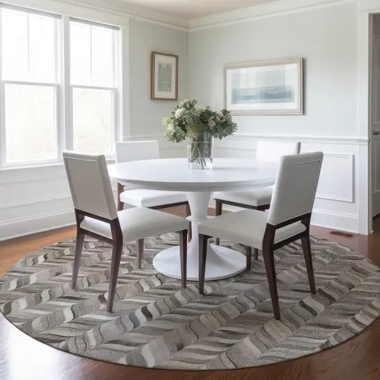 8' Gray And Ivory Geometric Washable Round Rug With UV Protection Photo 5