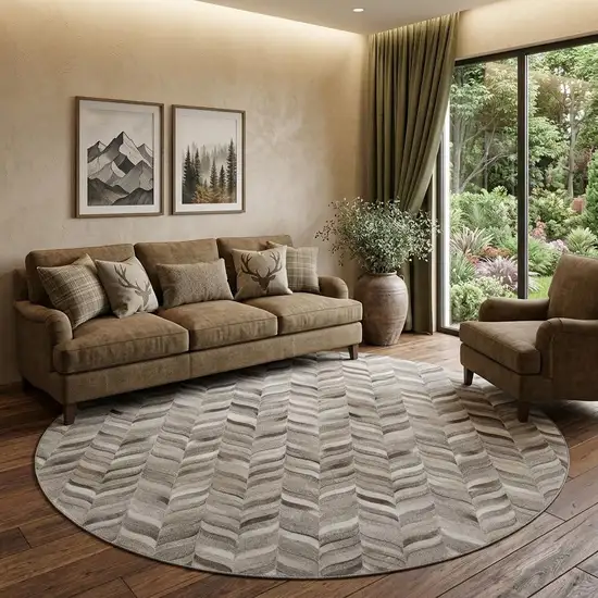 8' Gray And Ivory Geometric Washable Round Rug With UV Protection Photo 1