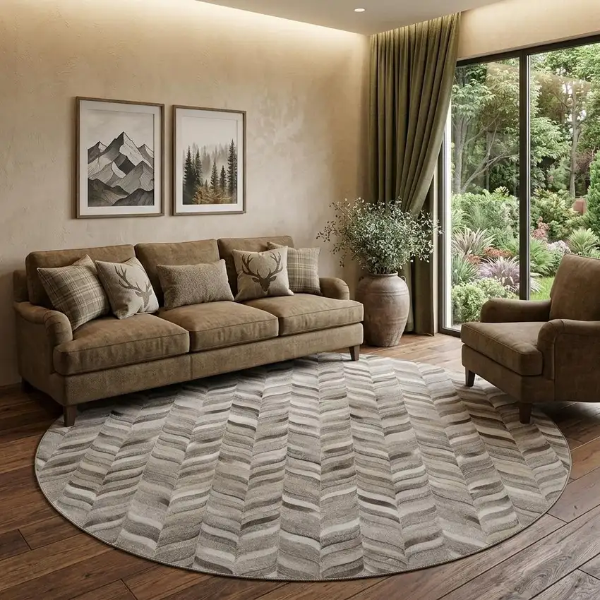8' Gray And Ivory Geometric Washable Round Rug With UV Protection Photo 1
