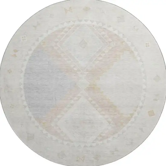 8' Gray And Ivory Geometric Washable Round Rug With UV Protection Photo 4
