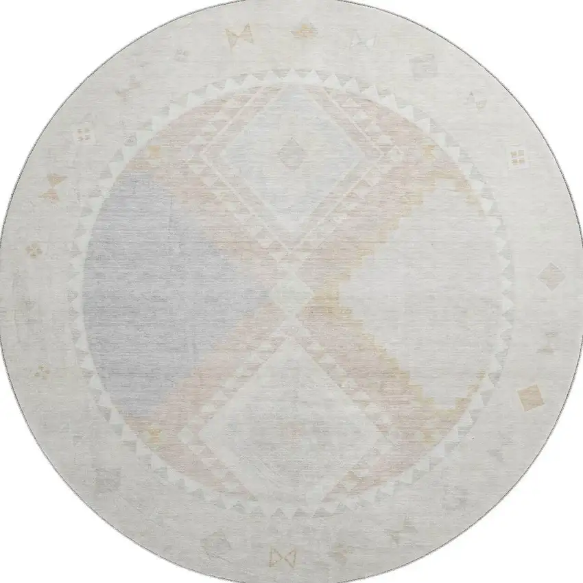 8' Gray And Ivory Geometric Washable Round Rug With UV Protection Photo 4