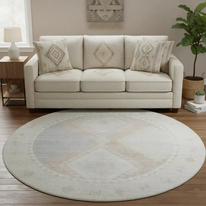 8' Gray And Ivory Geometric Washable Round Rug With UV Protection Photo 1