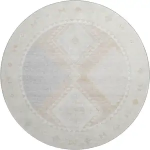 Photo of 8' Gray And Ivory Geometric Washable Round Rug With UV Protection