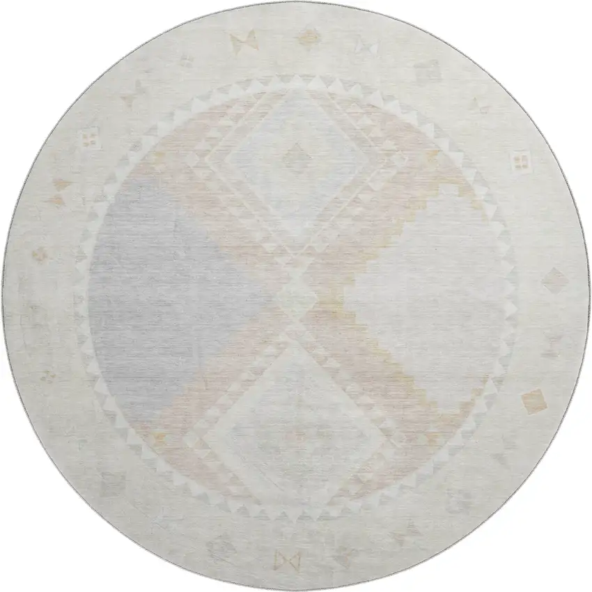 8' Gray And Ivory Geometric Washable Round Rug With UV Protection Photo 1