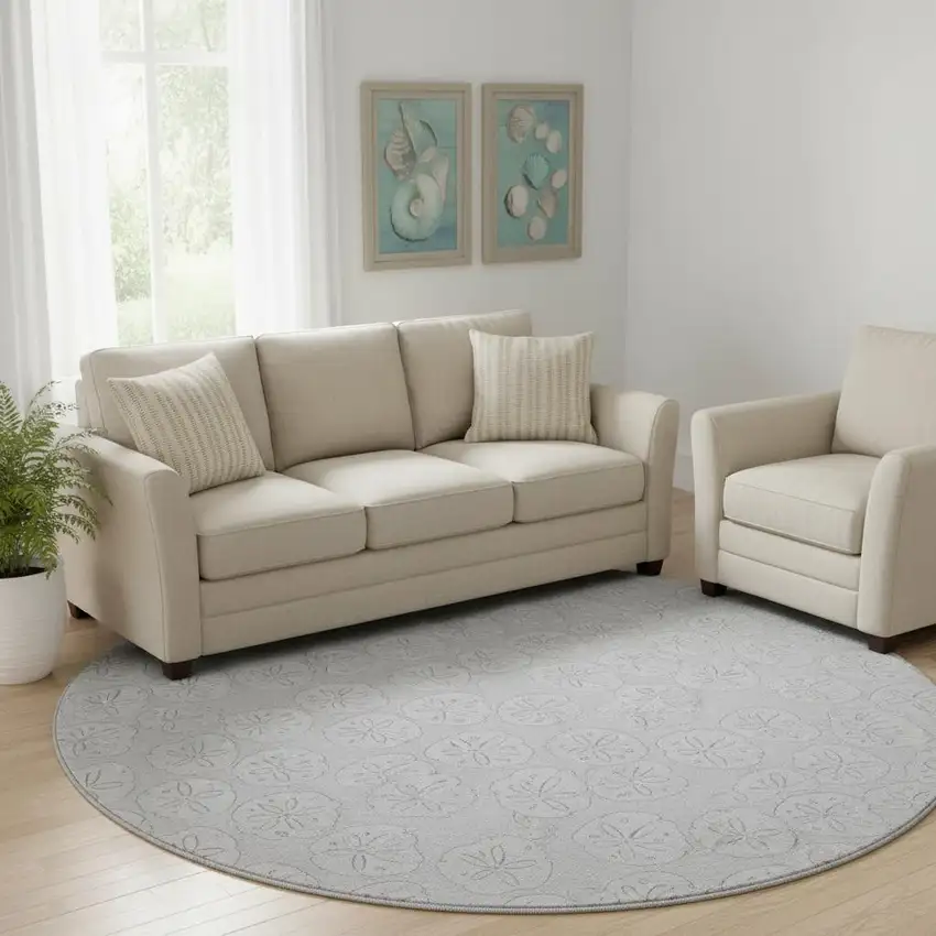 8' Gray And Ivory Geometric Washable Round Rug With UV Protection Photo 1