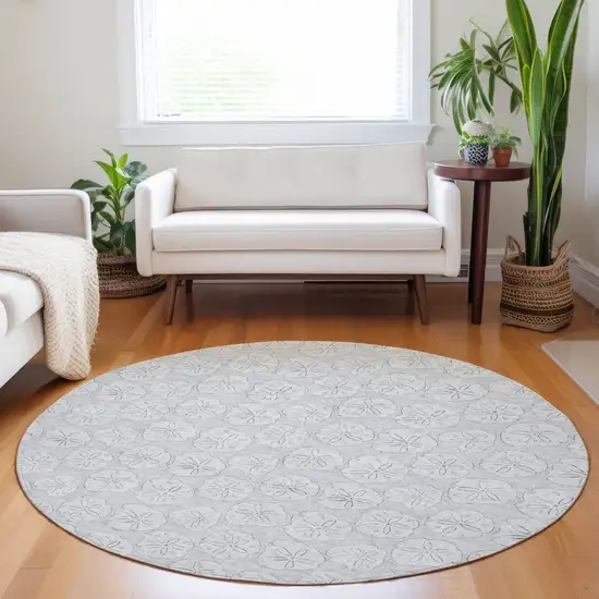 8' Gray And Ivory Geometric Washable Round Rug With UV Protection Photo 4