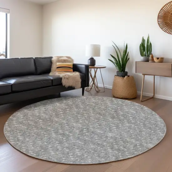 8' Gray And Ivory Geometric Washable Round Rug With UV Protection Photo 5