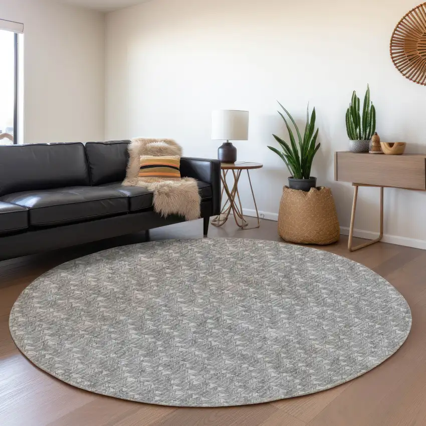 8' Gray And Ivory Geometric Washable Round Rug With UV Protection Photo 5