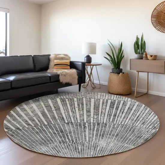 8' Gray And Ivory Geometric Washable Round Rug With UV Protection Photo 5