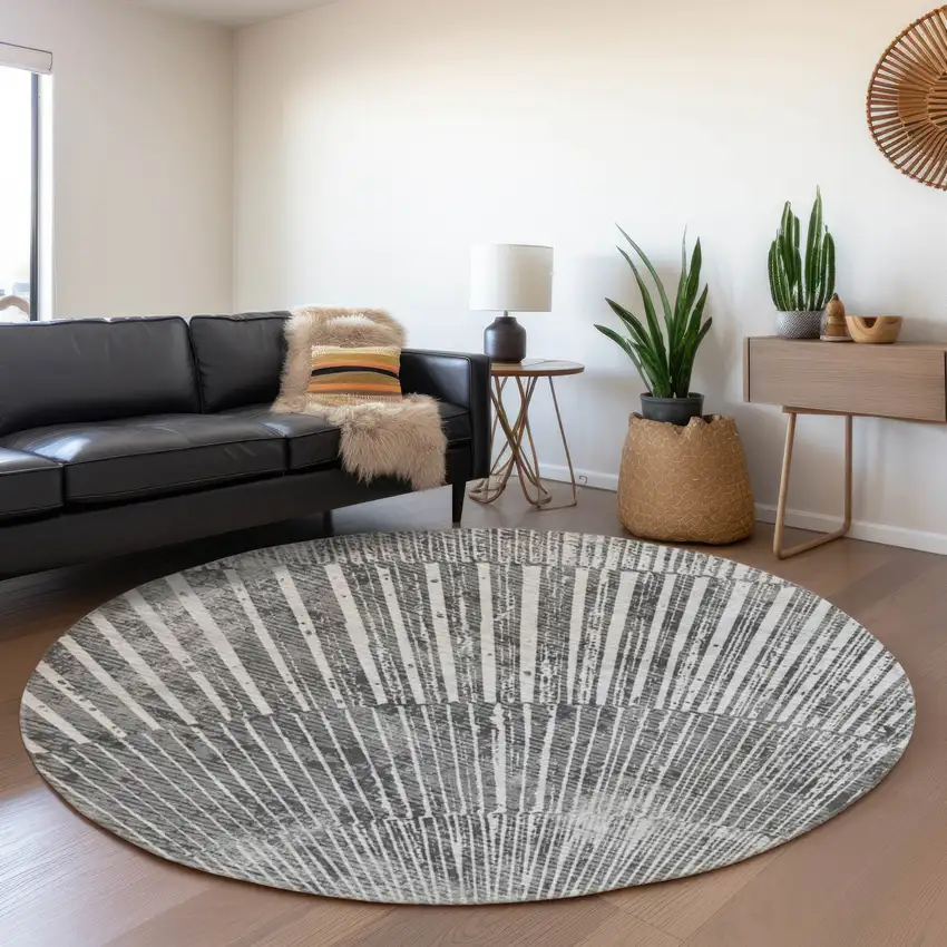 8' Gray And Ivory Geometric Washable Round Rug With UV Protection Photo 5