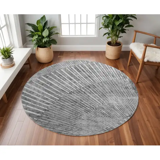 8' Gray And Ivory Geometric Washable Round Rug With UV Protection Photo 2