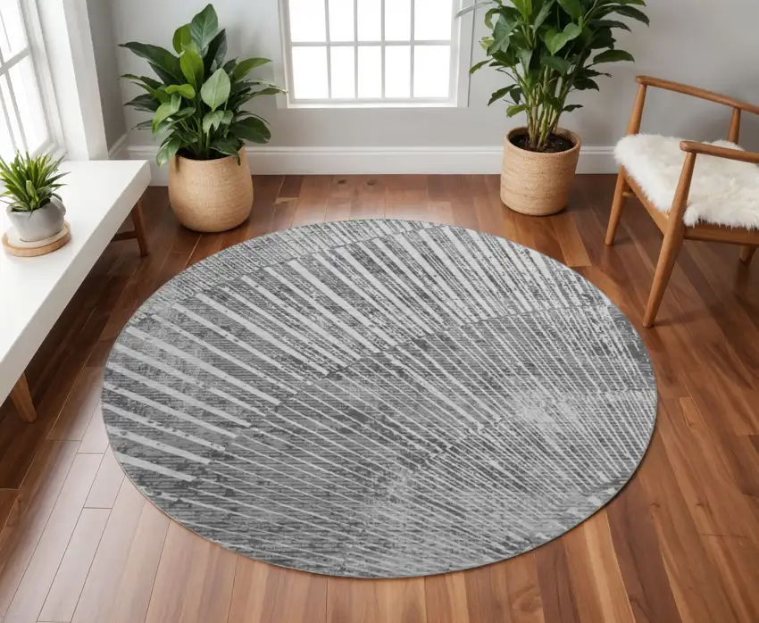 8' Gray And Ivory Geometric Washable Round Rug With UV Protection Photo 2