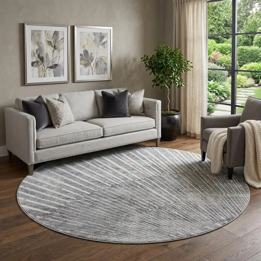 8' Gray And Ivory Geometric Washable Round Rug With UV Protection Photo 1