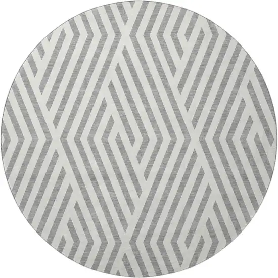 8' Gray And Ivory Geometric Washable Round Rug With UV Protection Photo 4