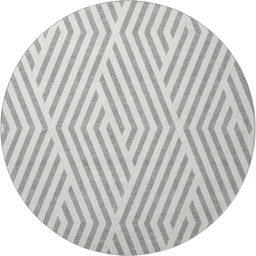 8' Gray And Ivory Geometric Washable Round Rug With UV Protection Photo 4