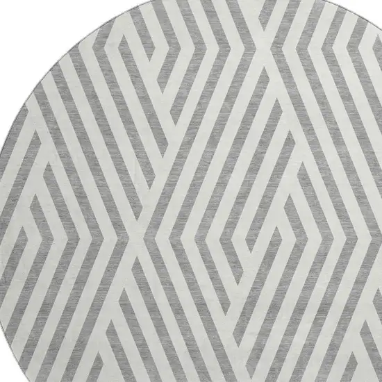 8' Gray And Ivory Geometric Washable Round Rug With UV Protection Photo 3