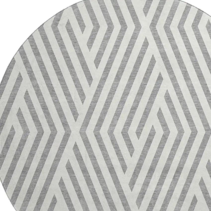 8' Gray And Ivory Geometric Washable Round Rug With UV Protection Photo 3