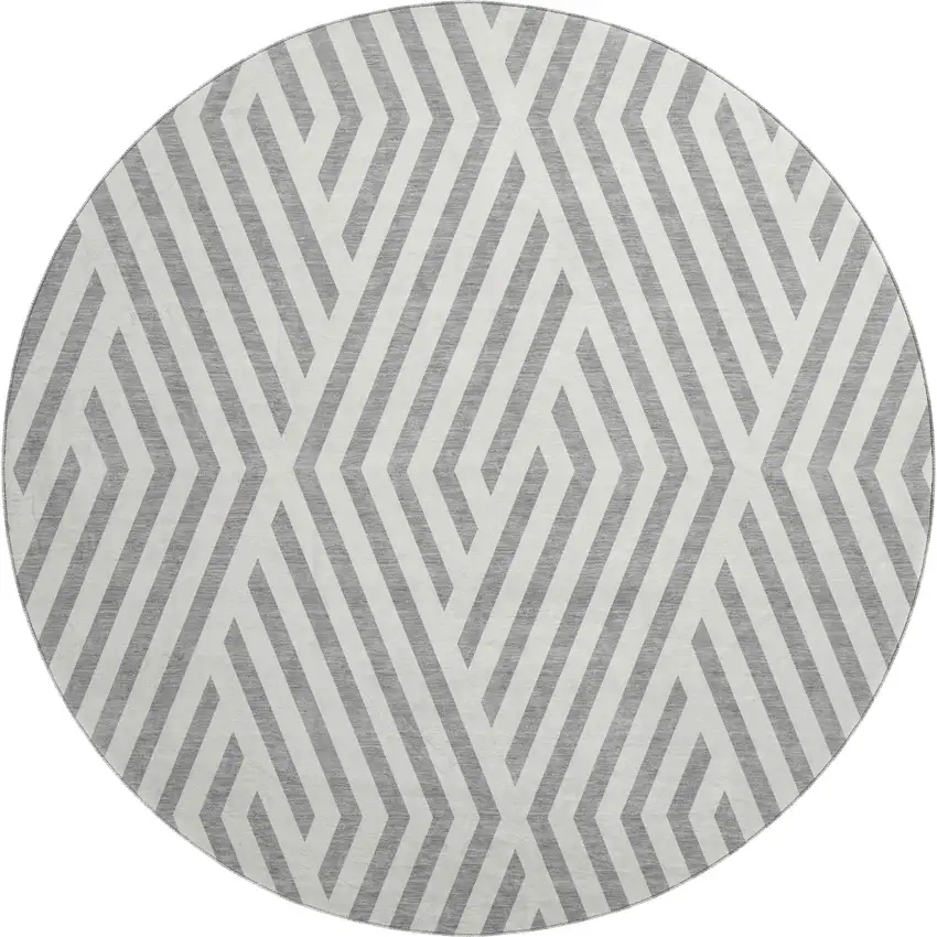 8' Gray And Ivory Geometric Washable Round Rug With UV Protection Photo 1