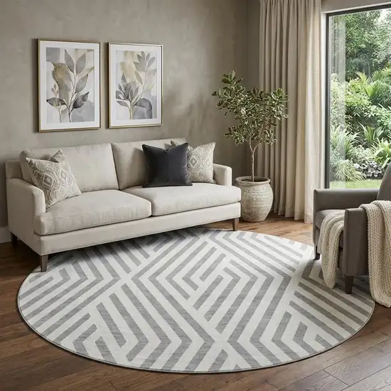 8' Gray And Ivory Geometric Washable Round Rug With UV Protection Photo 1