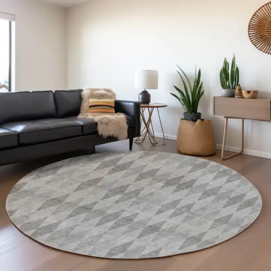 8' Gray And Ivory Geometric Washable Round Rug With UV Protection Photo 4